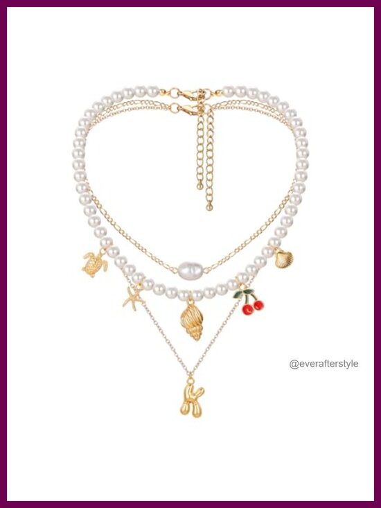 Jewelry - Gold Layered Initial Pendant Pearl Chain Necklace Set